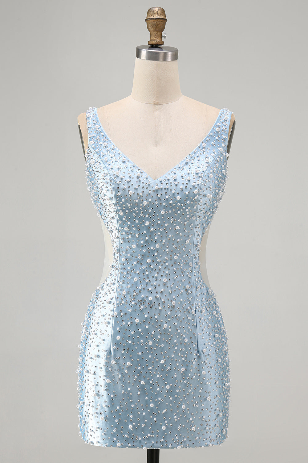 Blue Tight V-Neck Beaded Cut Out Short Homecoming Dress with Pearls