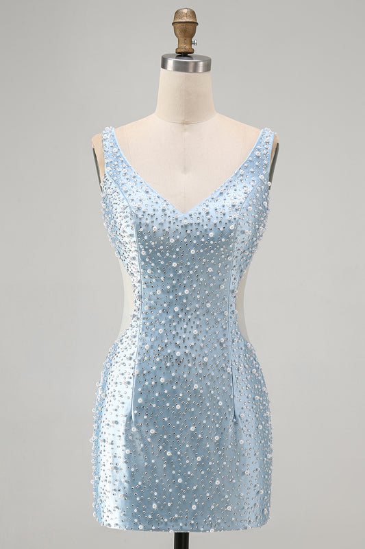 Blue Tight V-Neck Beaded Cut Out Short Homecoming Dress with Pearls