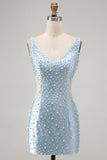 Blue Tight V-Neck Beaded Cut Out Short Homecoming Dress with Pearls