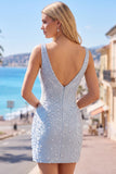 Blue Tight V-Neck Beaded Cut Out Short Homecoming Dress with Pearls