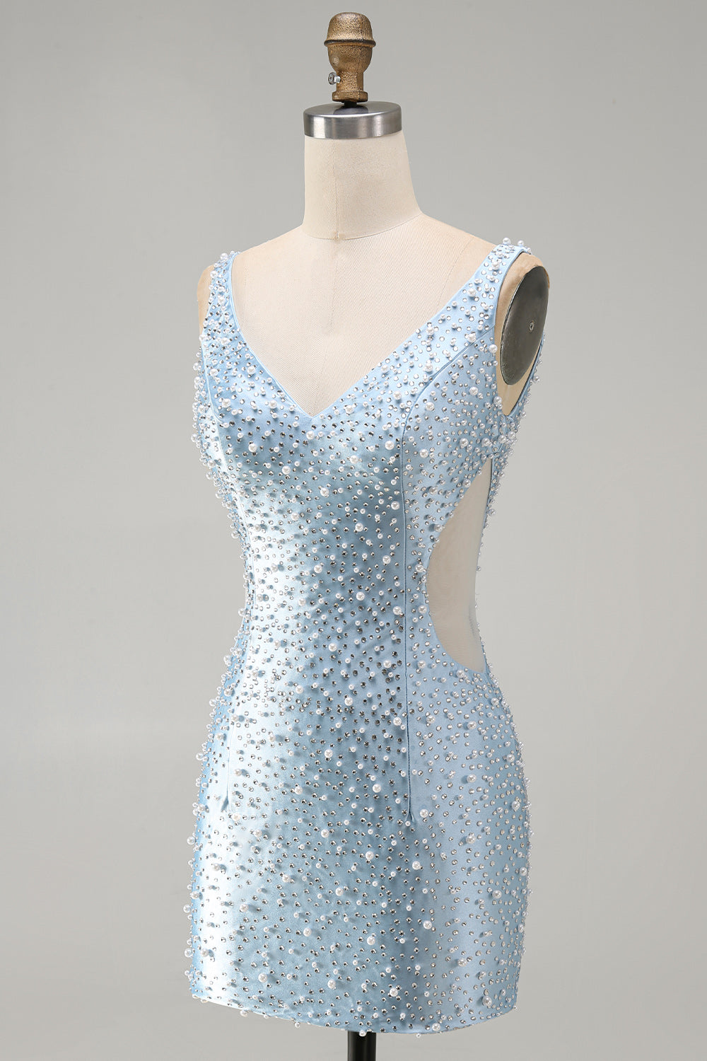 Blue Tight V-Neck Beaded Cut Out Short Homecoming Dress with Pearls