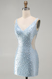 Blue Tight V-Neck Beaded Cut Out Short Homecoming Dress with Pearls