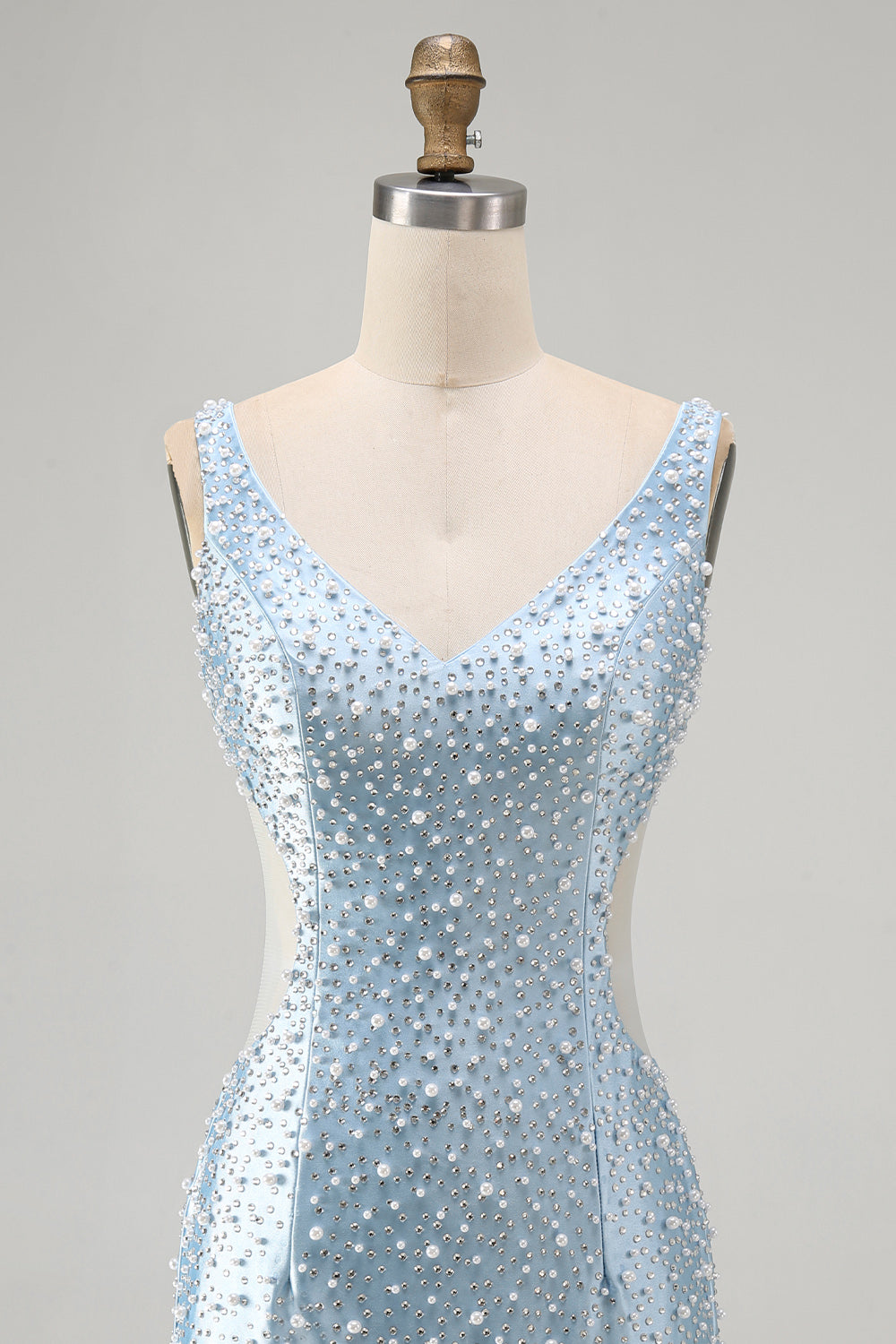 Blue Tight V-Neck Beaded Cut Out Short Homecoming Dress with Pearls
