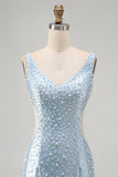 Blue Tight V-Neck Beaded Cut Out Short Homecoming Dress with Pearls