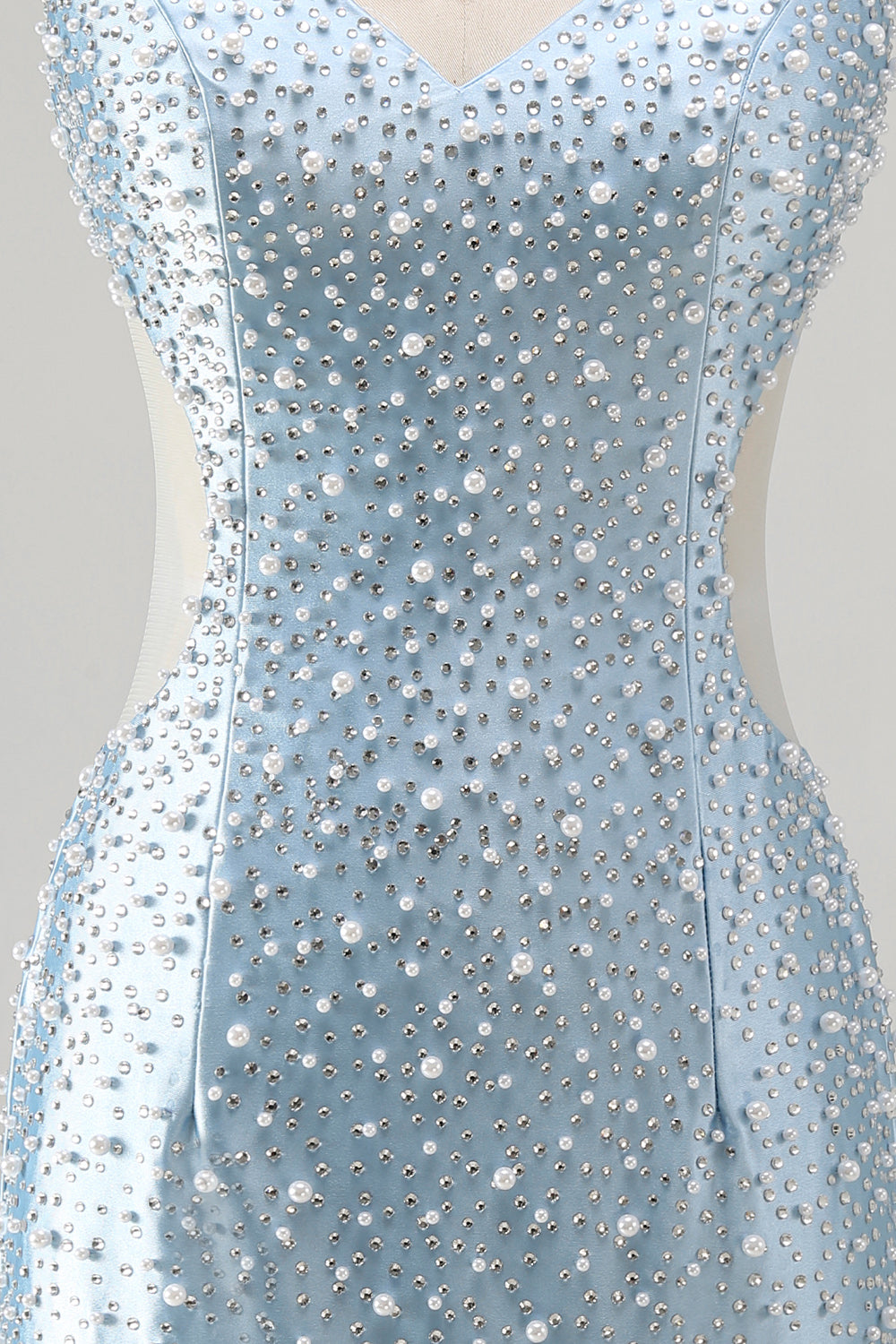 Blue Tight V-Neck Beaded Cut Out Short Homecoming Dress with Pearls