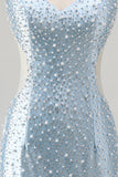 Blue Tight V-Neck Beaded Cut Out Short Homecoming Dress with Pearls