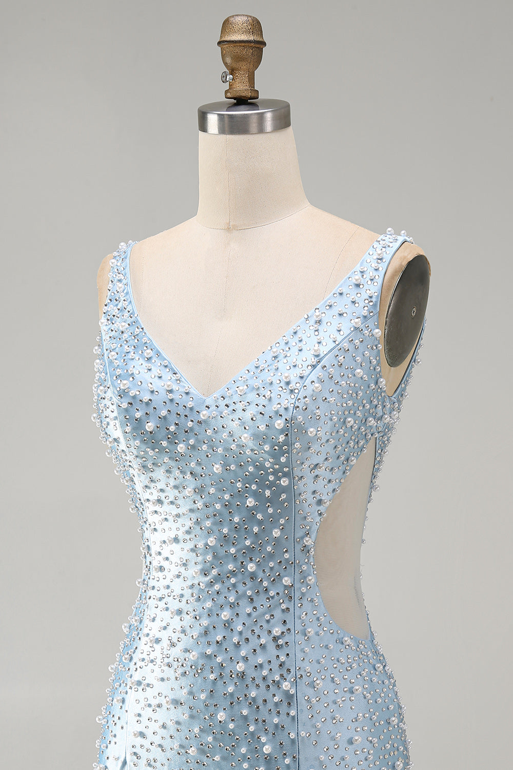 Blue Tight V-Neck Beaded Cut Out Short Homecoming Dress with Pearls