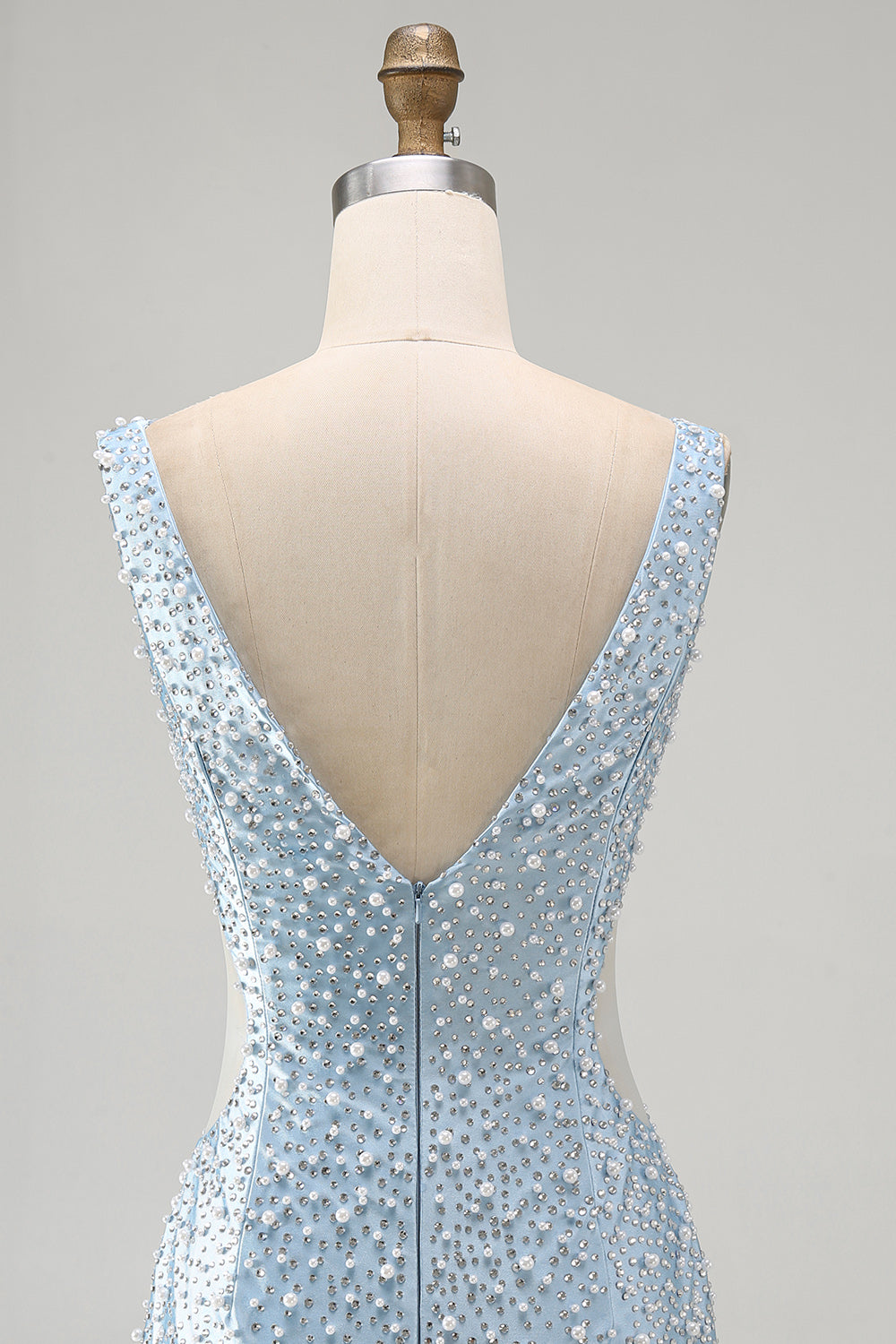Blue Tight V-Neck Beaded Cut Out Short Homecoming Dress with Pearls