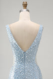 Blue Tight V-Neck Beaded Cut Out Short Homecoming Dress with Pearls