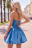 Dark Blue Corset Beaded A-Line Short Homecoming Dress with 3D Flower