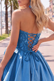 Dark Blue Corset Beaded A-Line Short Homecoming Dress with 3D Flower