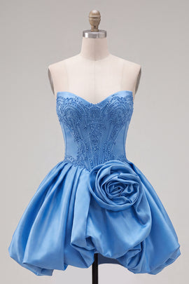 Dark Blue Corset Beaded A-Line Short Homecoming Dress with 3D Flower