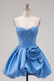 Dark Blue Corset Beaded A-Line Short Homecoming Dress with 3D Flower