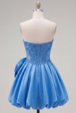 Dark Blue Corset Beaded A-Line Short Homecoming Dress with 3D Flower