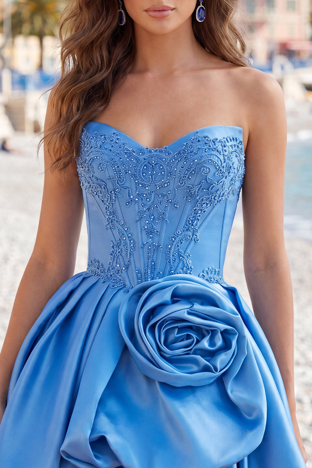 Dark Blue Corset Beaded A-Line Short Homecoming Dress with 3D Flower