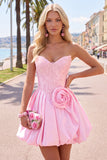 Dark Blue Corset Beaded A-Line Short Homecoming Dress with 3D Flower