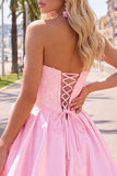 Dark Blue Corset Beaded A-Line Short Homecoming Dress with 3D Flower