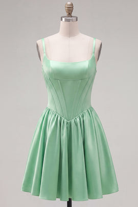 Simple Green Satin Corset A-Line Short Homecoming Dress