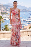 Pink Red Flower Mermaid One Shoulder Long Beach Wedding Guest Dress