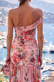 Pink Red Flower Mermaid One Shoulder Long Beach Wedding Guest Dress