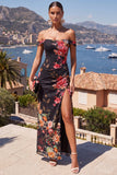 Black Red Flower Mermaid Ruched Long Beach Wedding Guest Dress with Slit