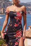 Black Red Flower Mermaid Ruched Long Beach Wedding Guest Dress with Slit