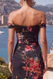 Black Red Flower Mermaid Ruched Long Beach Wedding Guest Dress with Slit