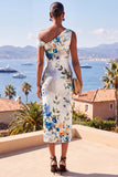 White Blue Flower Sheath Ruched Long Beach Wedding Guest Dress