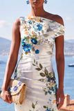 White Blue Flower Sheath Ruched Long Beach Wedding Guest Dress