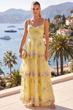 Sparkly Yellow Beaded Floral A Line Maxi Beach Wedding Guest Dress