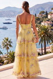 Sparkly Yellow Beaded Floral A Line Maxi Beach Wedding Guest Dress