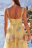 Sparkly Yellow Beaded Floral A Line Maxi Beach Wedding Guest Dress