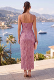 Sparkly Dusty Rose Mermaid Beaded Ruched Long Wedding Guest Dress with Slit