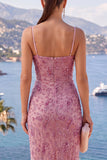 Sparkly Dusty Rose Mermaid Beaded Ruched Long Wedding Guest Dress with Slit