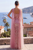 Sparkly Dusty Rose Sheath Beaded Long Wedding Guest Dress with Cape