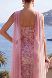 Sparkly Dusty Rose Sheath Beaded Long Wedding Guest Dress with Cape