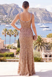 Sparkly Champagne Mermaid Beaded Long Wedding Guest Dress with Slit