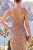 Sparkly Champagne Mermaid Beaded Long Wedding Guest Dress with Slit