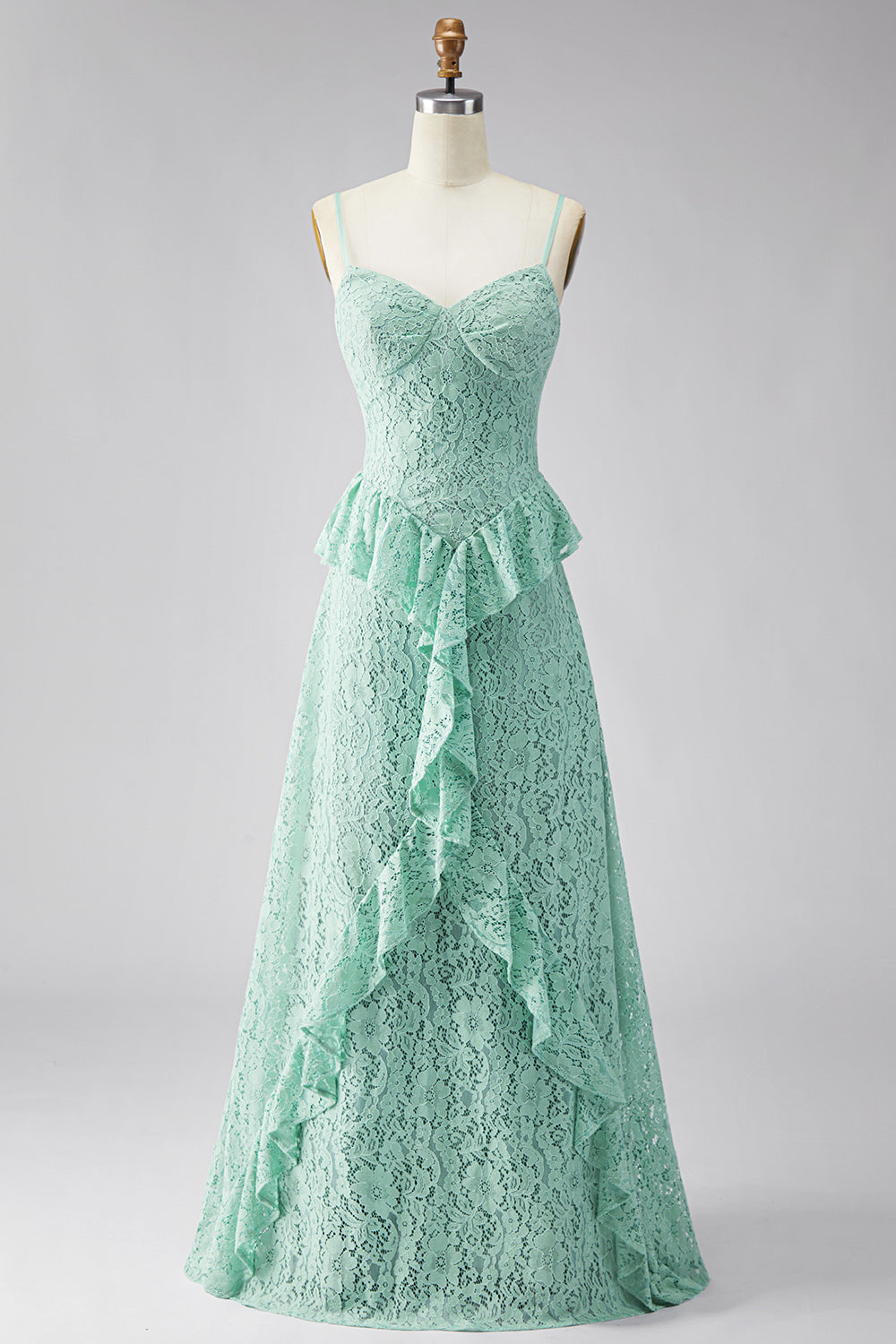 Mint Floral Maxi A Line Spaghetti Straps Wedding Guest Dress with Ruffles