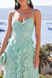 Mint Floral Maxi A Line Spaghetti Straps Wedding Guest Dress with Ruffles