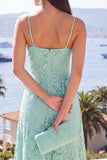 Mint Floral Maxi A Line Spaghetti Straps Wedding Guest Dress with Ruffles