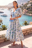 Floral Pink V-Neck Puff Sleeves A Line Maxi Wedding Guest Dress
