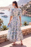 Floral Pink V-Neck Puff Sleeves A Line Maxi Wedding Guest Dress