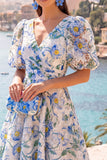 Floral Pink V-Neck Puff Sleeves A Line Maxi Wedding Guest Dress