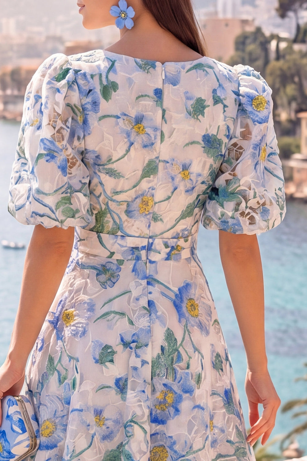Floral Pink V-Neck Puff Sleeves A Line Maxi Wedding Guest Dress