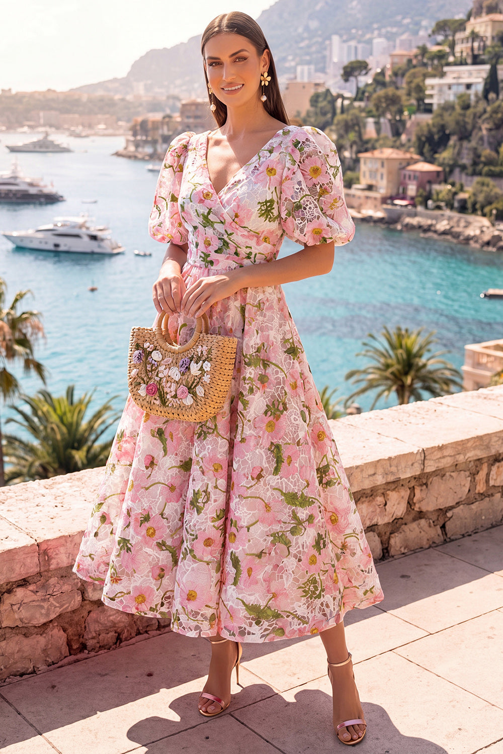Floral Pink V-Neck Puff Sleeves A Line Maxi Wedding Guest Dress