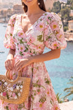 Floral Pink V-Neck Puff Sleeves A Line Maxi Wedding Guest Dress