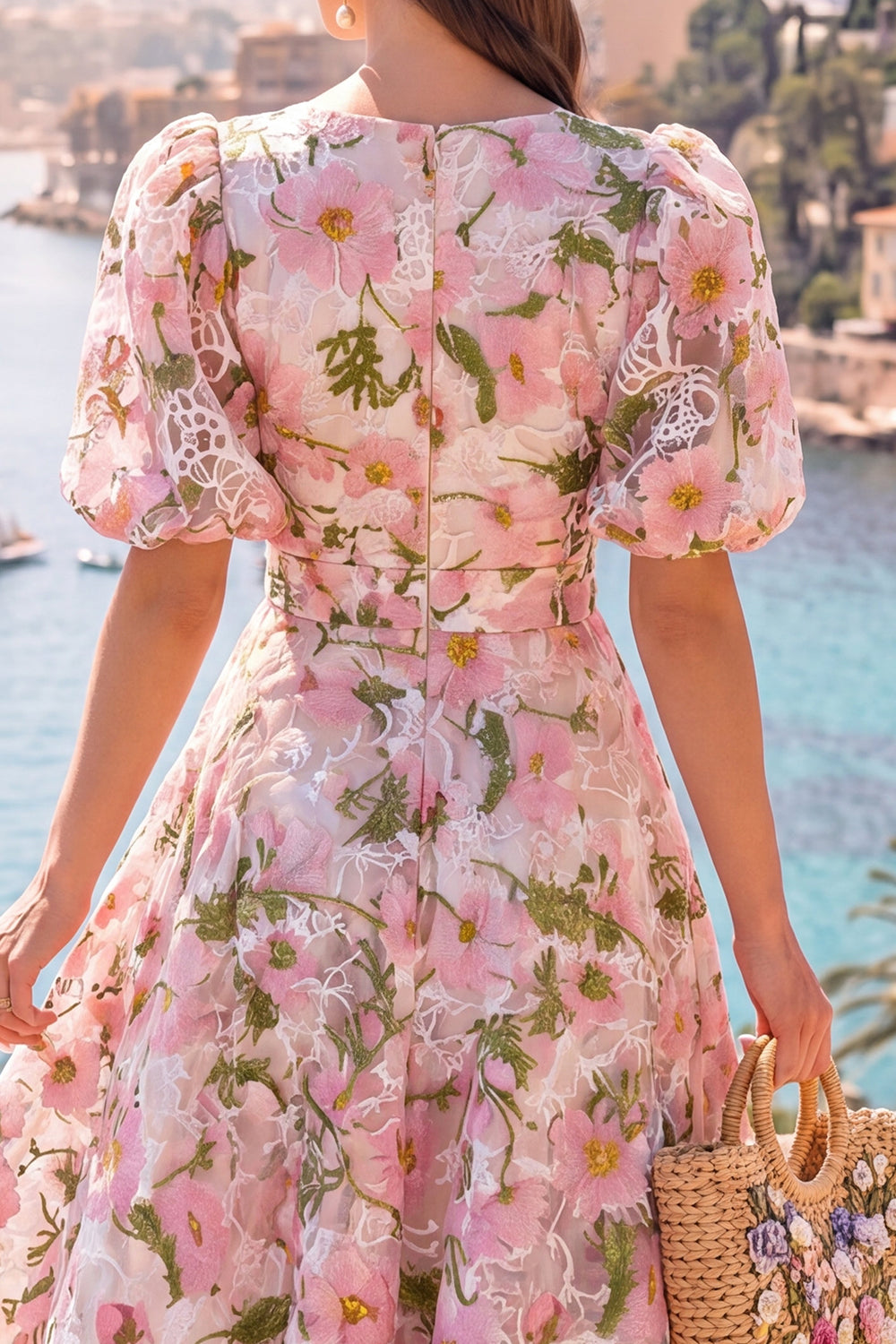 Floral Pink V-Neck Puff Sleeves A Line Maxi Wedding Guest Dress