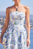 Strapless Floral Pink A Line Maxi Wedding Guest Dress