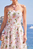 Strapless Floral Pink A Line Maxi Wedding Guest Dress
